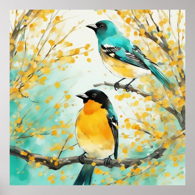 Poster Deux oiseaux assis sur la branche de l'arbre (Devant)