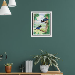 Poster Deux oiseaux geai stellaire à l'aquarelle arbres f