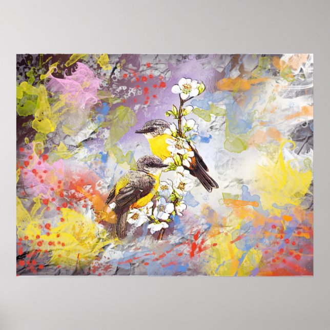 Poster Deux oiseaux sur la branche de la fleur de cerisie (Devant)