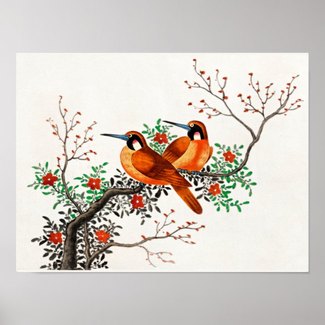 Poster Deux oiseaux sur une branche de floraison (Devant)