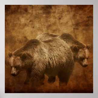 Poster Deux ours grizzlis dans un cadre rustique