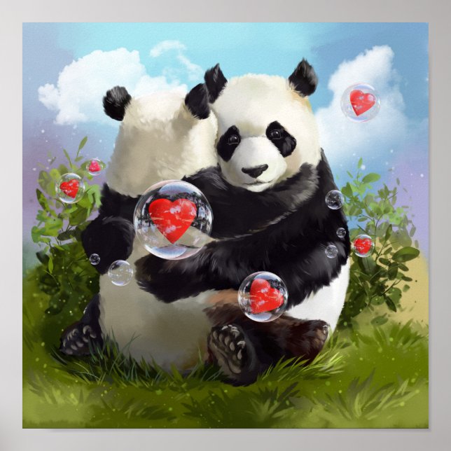Poster Deux pandas amoureux dans leurs bras (Devant)
