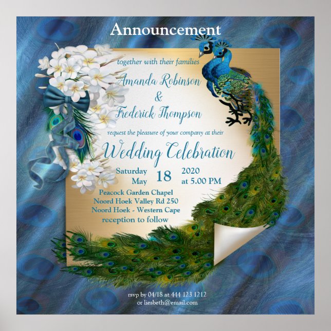 Poster Deux paons sur la soie vert émeraude (Devant)