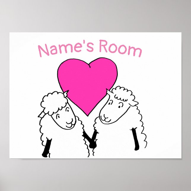 Poster Deux petits moutons mignons avec un cœur rose (Devant)