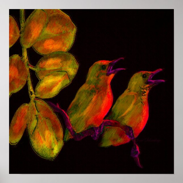 Poster deux petits oiseaux orange et jaune (Devant)