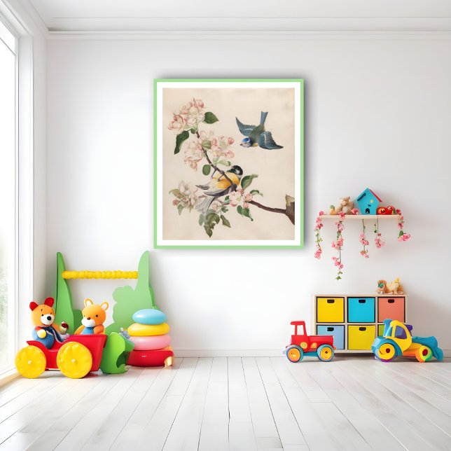 Poster Deux petits oiseaux près d'une branche de fleurs d (Créateur téléchargé)