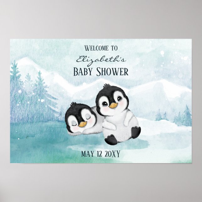 Poster Deux pingouins adorables Baby shower d'illustratio (Devant)