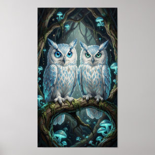 Poster Deux sages hiboux blancs bleus anciens