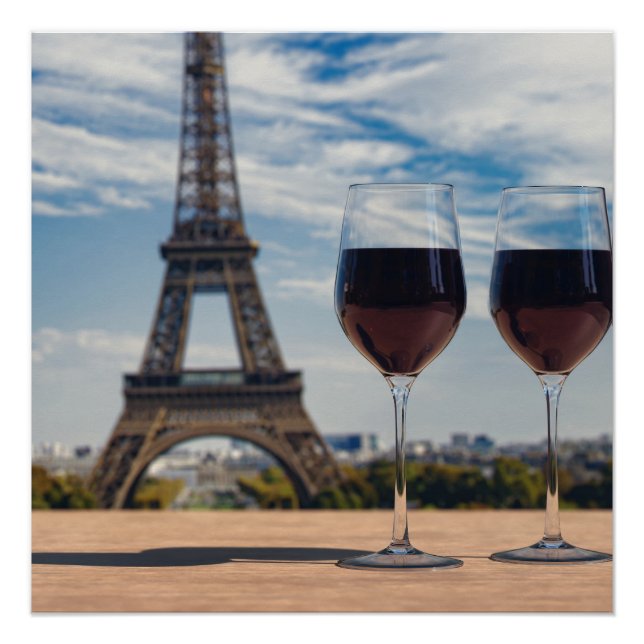 Poster Deux verres de vin avec la tour Eiffel (Devant)