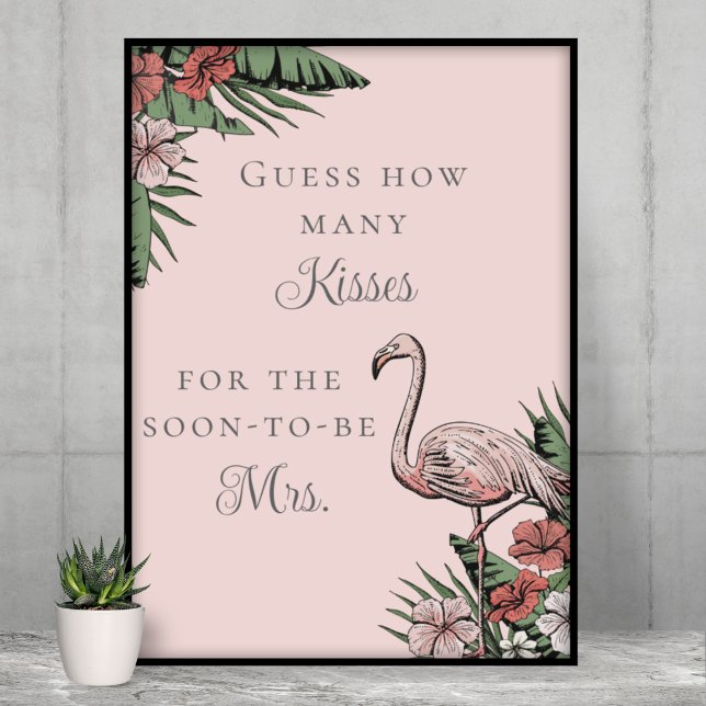 Poster Devinez combien de baisers Fête des mariées tropic (Elegant Tropical Flamingo Bridal Shower Guess How Many Kisses Game. Pink Flamingo, Banana Leaves)