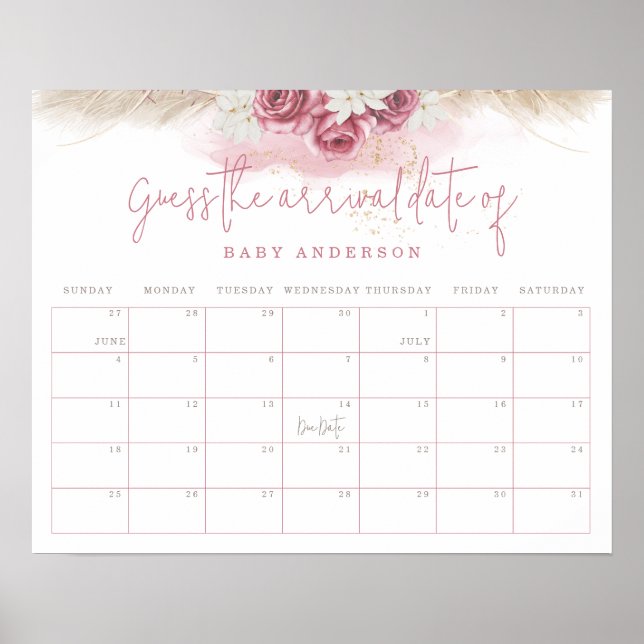 Poster Devinez la date d'arrivée pour la Baby Shower Trop (Devant)
