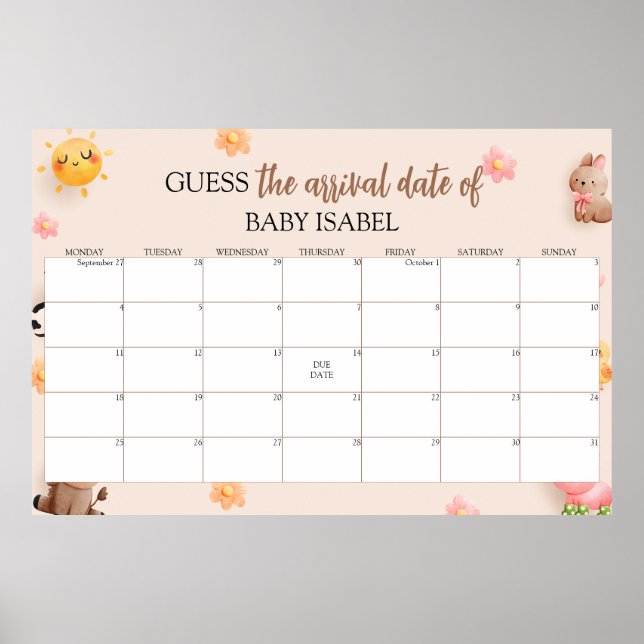 Poster Devinez Le Calendrier Baby shower Date D'Échéance (Devant)