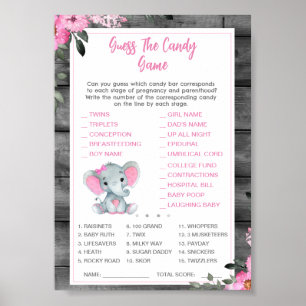 Poster Devinez le jeu Baby shower Candy Elephant rose
