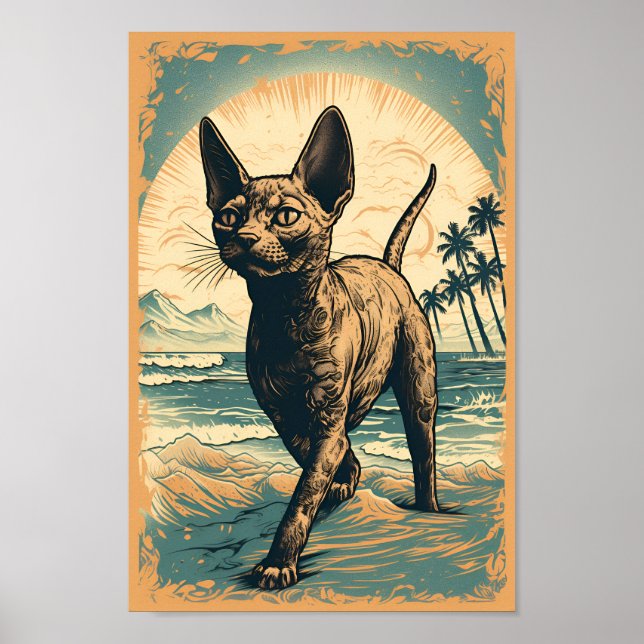 Poster Devon Rex chat sur une plage tropicale (Devant)
