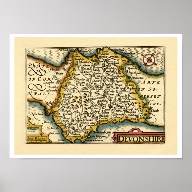 Poster "Devonshire" Devon County Map, Angleterre (Devant)