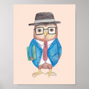 Poster d'hibou Chouette drôle avec décor animal li