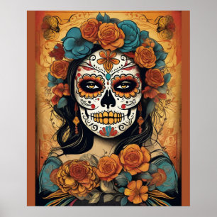 Poster Dia de los Muertos Art : Maquillage crâne à sucre 