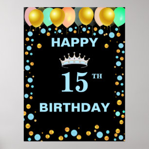 Poster Diadème, Ballons & Confettis Dorés Anniversaire 15