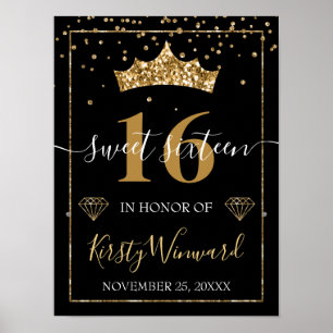 Poster Diadème et Confettis Diamants Paillettes Noir et O