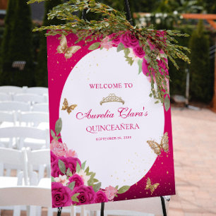 Poster Diadème Papillon Or Rose Floral Quinceañera