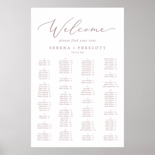 Poster Diagramme de siège Alphabétique Rose Or (Devant)