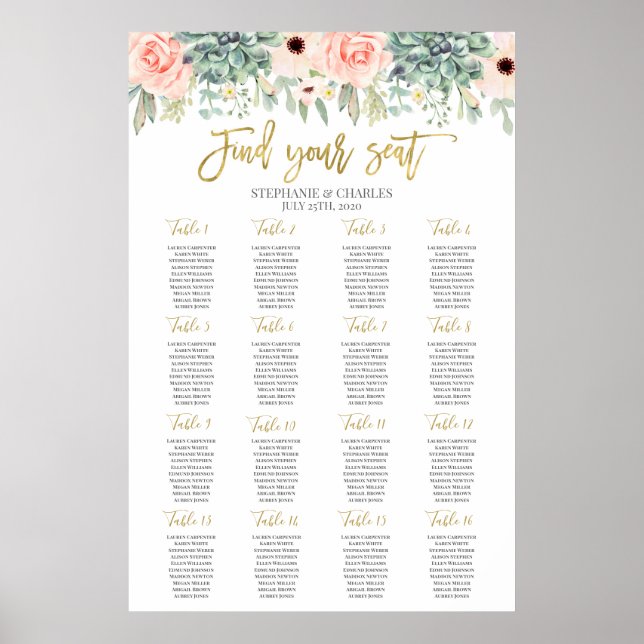 Poster Diagramme de sièges de Mariage d'aquarelle Succule (Devant)