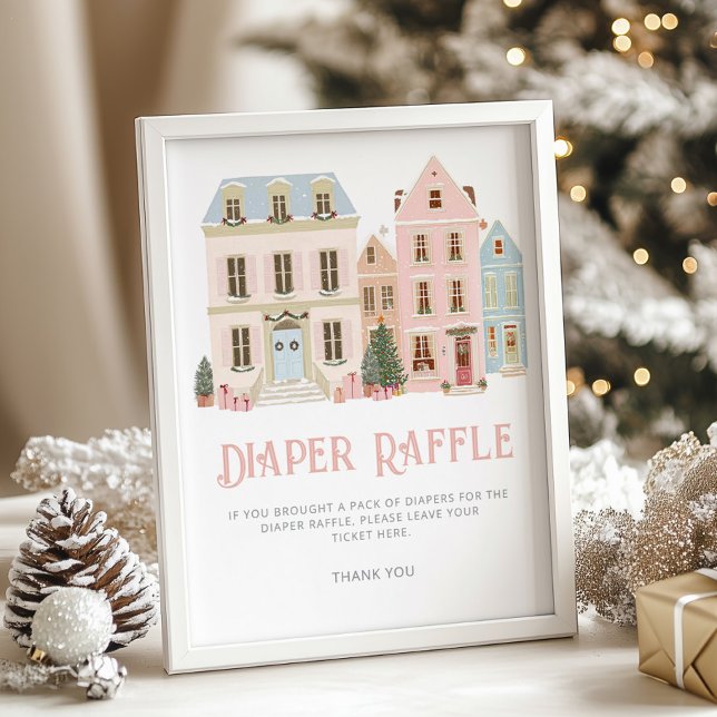 Poster Diaper raffle Christmas village Pink Baby Shower (Créateur téléchargé)