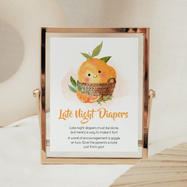 Poster Diapositives De Nuit Tard De L'Orange Citrus Littl (Little Cutie Orange Citrus Baby Shower Late Night Diapers Sign)