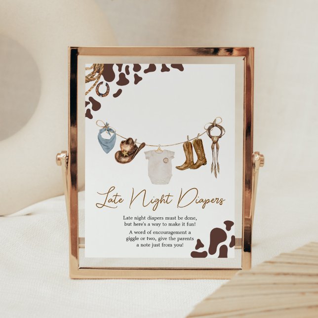 Poster Diapositives nocturnes du Baby shower Cowboy (Wild West Rodeo Baby Shower Late Night Diapers Sign)