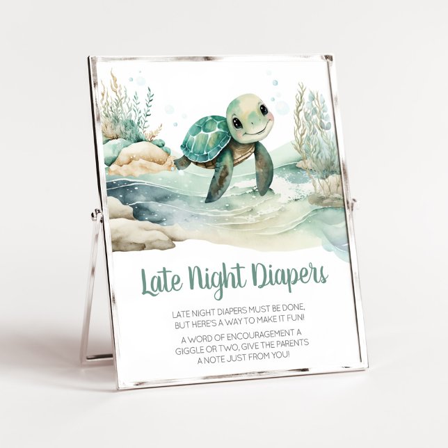 Poster Diapositives nocturnes du Baby shower de tortues m (A Little Hatching Is On the Way Baby Shower Late Night Diapers Sign)