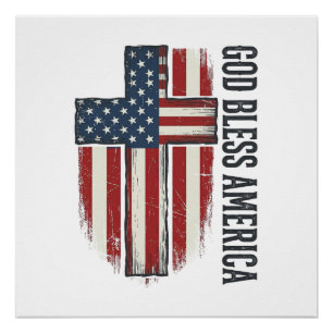 Poster Dieu bénisse l'Amérique Croix patriotique vintage