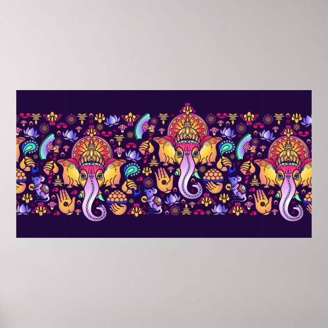 Poster Dieu hindou Ganesha et symboles indiens en bande (Devant)