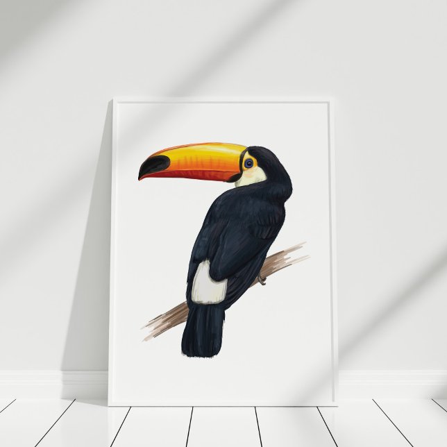 Poster d'illustration d'Oiseau exotique Toucan des (Toucan Exotic Bird Hand drawn Illustration Poster in a white frame.)