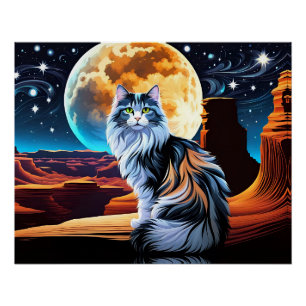 Poster Dilute Calico cat, dans le désert-Pleine lune