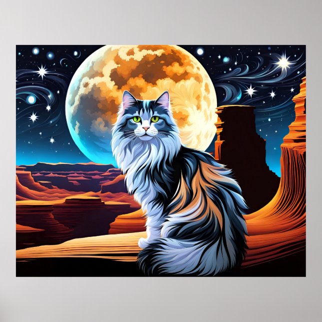 Poster Dilute Calico Chat et Lune du désert (Devant)