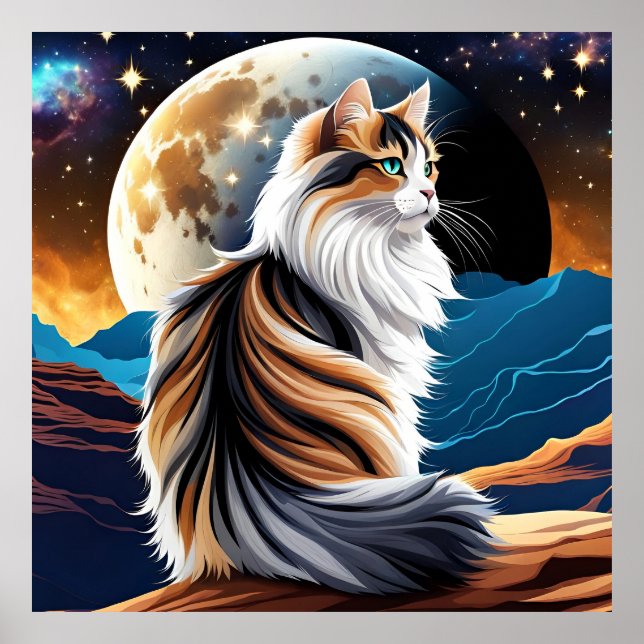 Poster Dilute Calico Chat et Lune du désert (Devant)