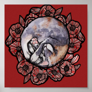 Poster Dilute Calico Kitty Chat Red Poppy Flower Chats