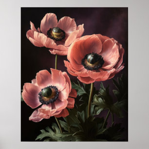Poster d'impression d'art rose Fleurs d'anémones