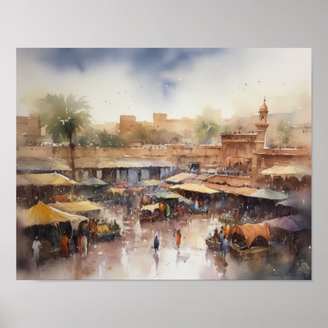 Poster d'impression de l'aquarelle Marrakech Maroc (Devant)