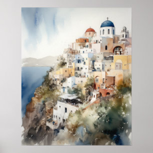 Poster d'impression de l'aquarelle Santorini Oia G