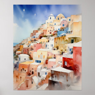 Poster d'impression de l'aquarelle Santorini Oia G