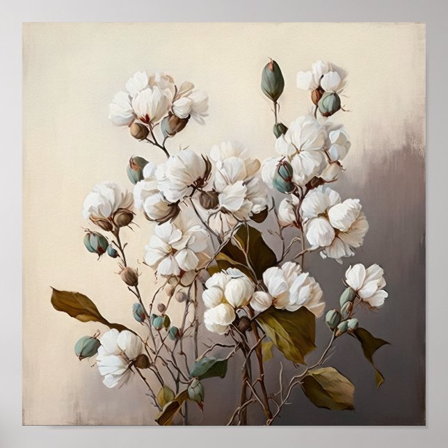 Poster d'impression de l'Art blanc Fleurs de coton (Devant)