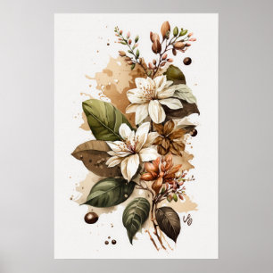Poster d'impression de l'art des fleurs de café bl