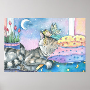 Poster d'impression Whimsical Fairy and Tabby Cat
