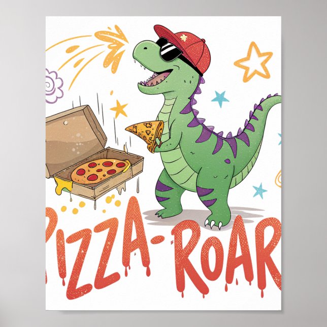 Poster Dinaour manger pizza pour les amateurs de nourritu (Devant)