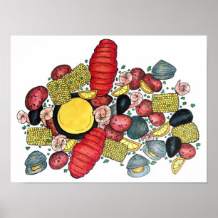 Poster Dîner de fruits de mer au homard Clambake New Engl