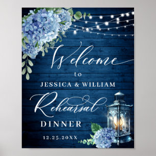 Poster Dîner de répétition de Boho en bois bleu Hydrangea