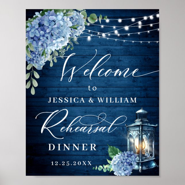 Poster Dîner de répétition de Boho en bois bleu Hydrangea (Devant)