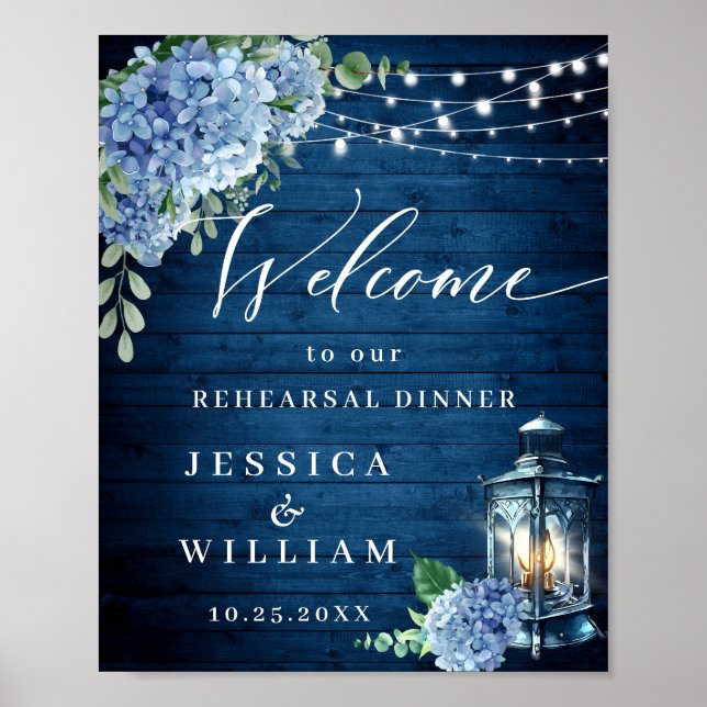 Poster Dîner de répétition de Boho en bois bleu Hydrangea (Devant)