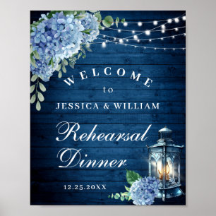 Poster Dîner de répétition de Boho en bois bleu Hydrangea